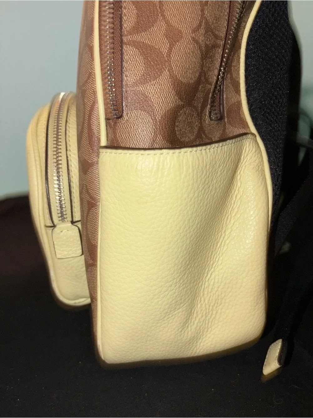 Coach Brown Signature Canvas Backpack with Yellow Leather Trim